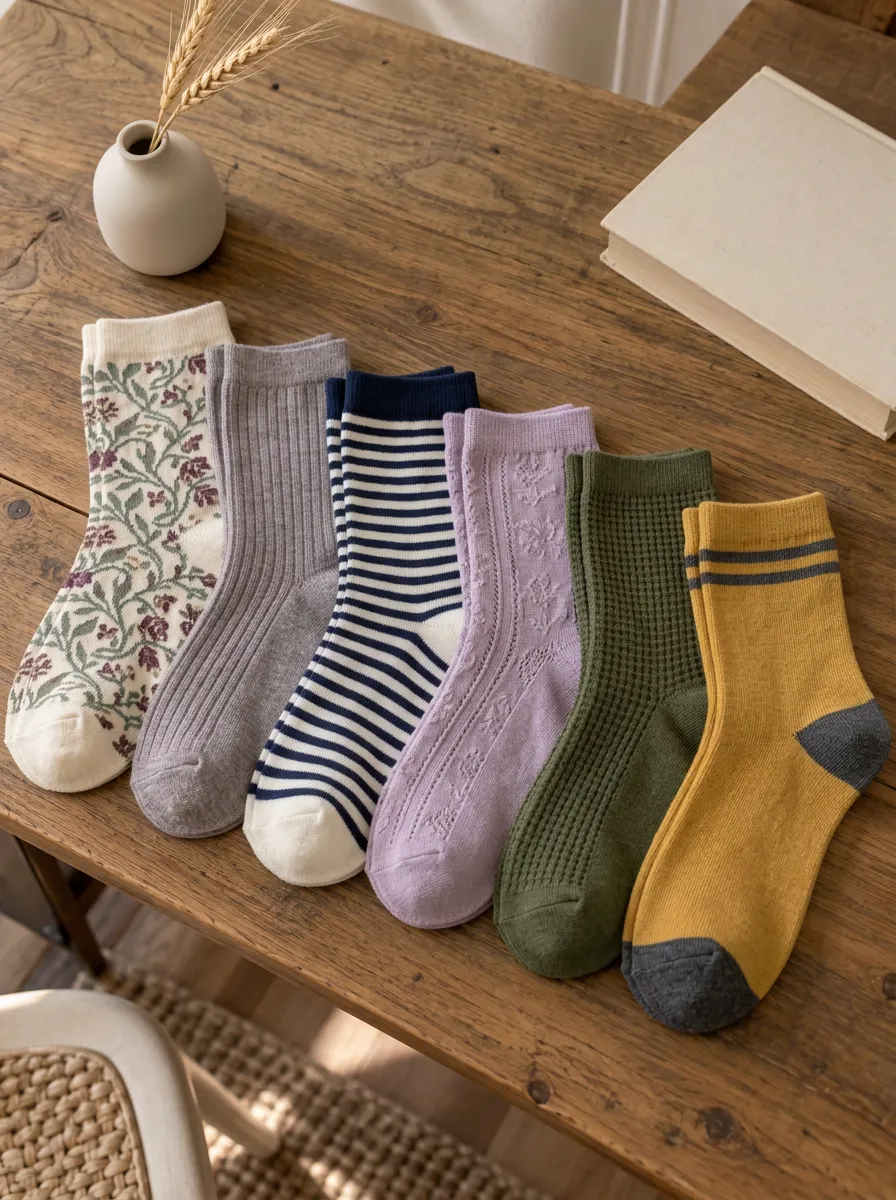 Women's Vintage Floral Striped Waffle Knit Printed Socks Set