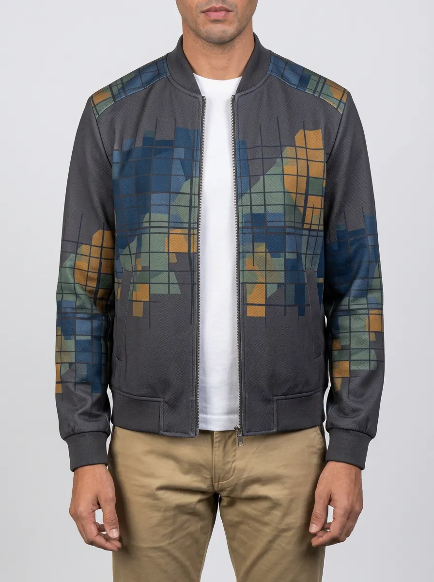 Grid Print Panel Detail Bomber Jacket