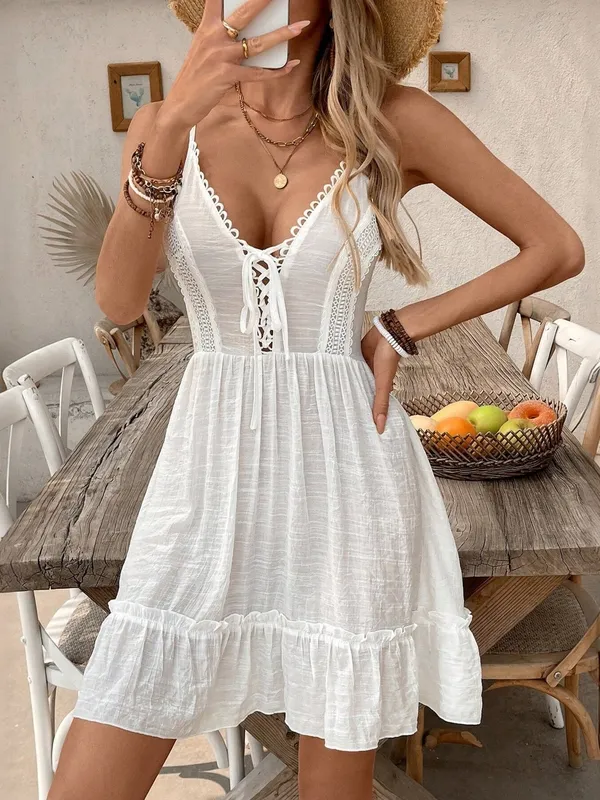 Lace-Up V-Neck Ruffle-Hem Mini Dress