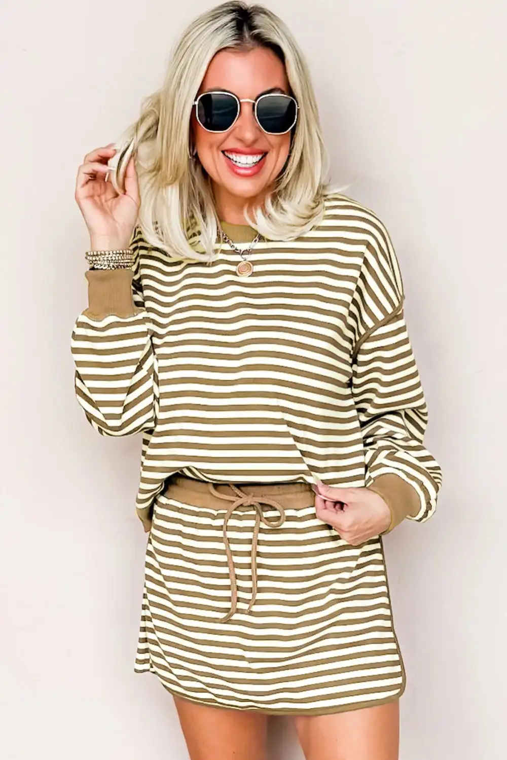 Lightweight Feel Striped Drawstring Drop Shoulder Skirt Set