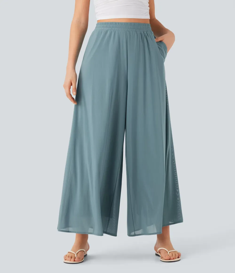 High Waisted Pocket Mesh Overlay Wide Leg Casual Pants