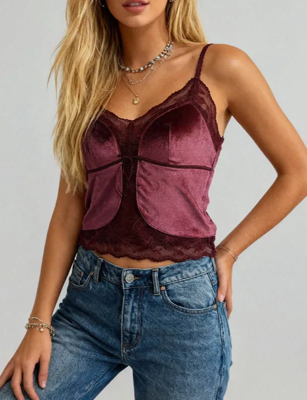 Eleglant Velet V Neck Lace Trim Cami Top