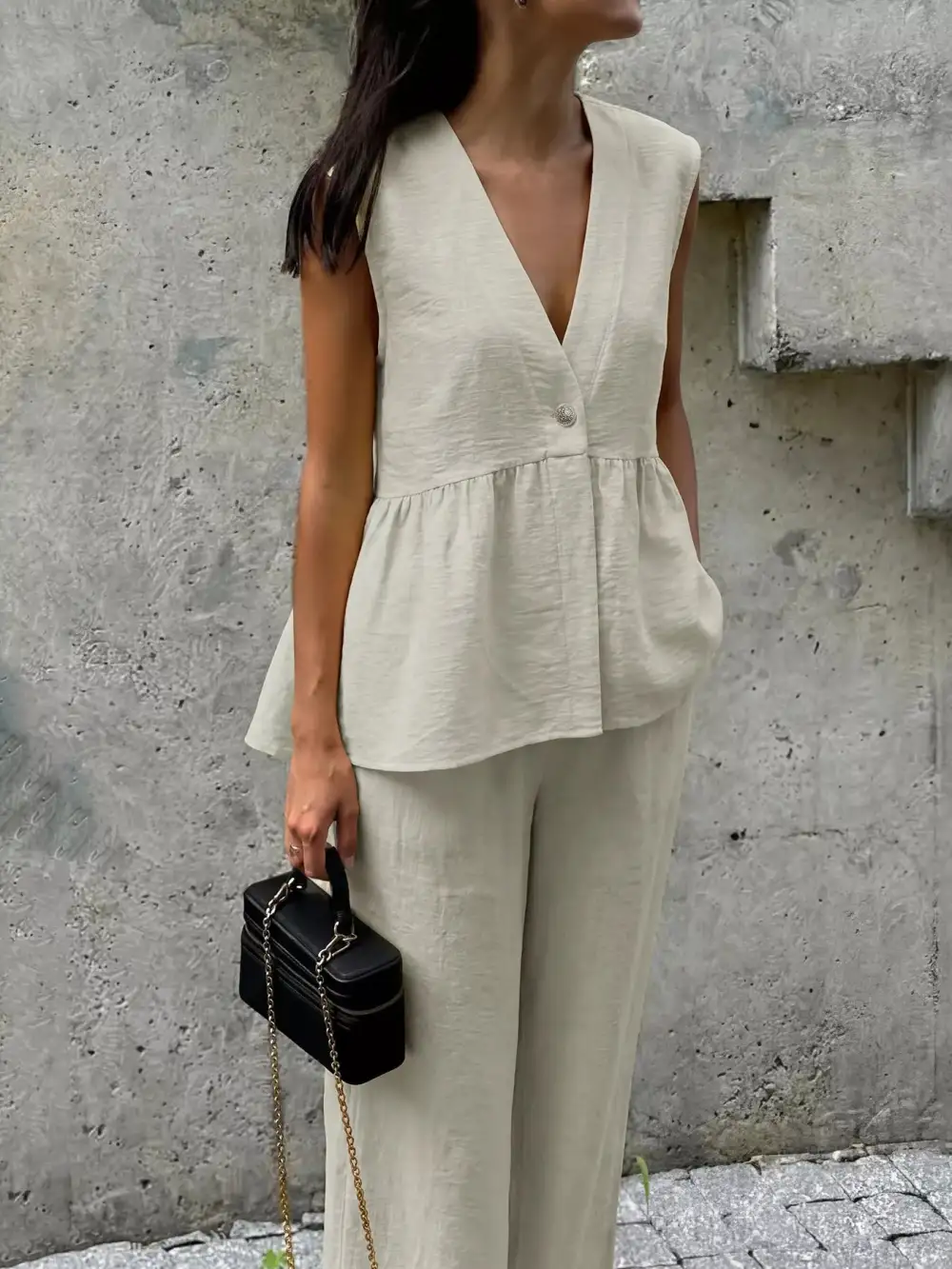 One Button Top and Wide Leg Pants Set