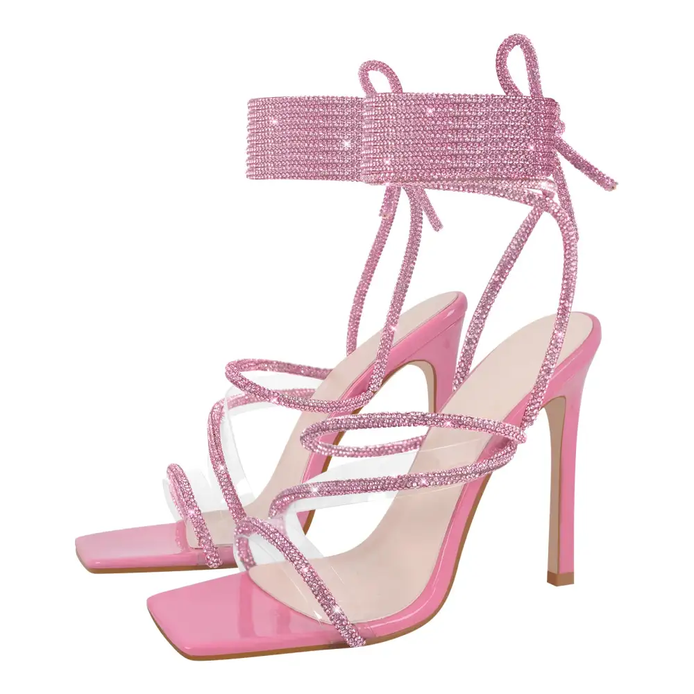 Rhinestone Strap Lace Up High Heel Sandals