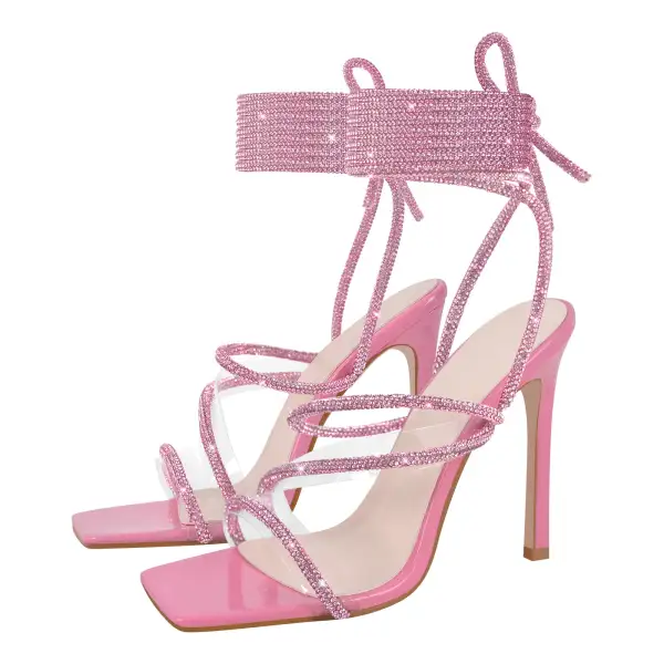 Rhinestone Strap Lace Up High Heel Sandals