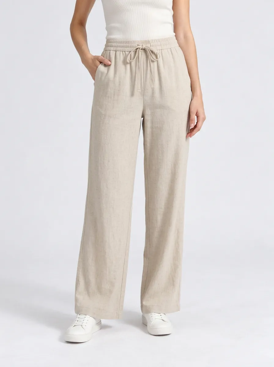 Women's Drawstring Wide Leg Pants in Beige with Elastic Waist