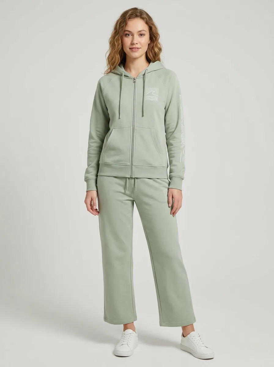 Women's Sage Green Ocean Wave Graphic Zip-Up Hoodie Jacket & Wide-Leg Pants Set