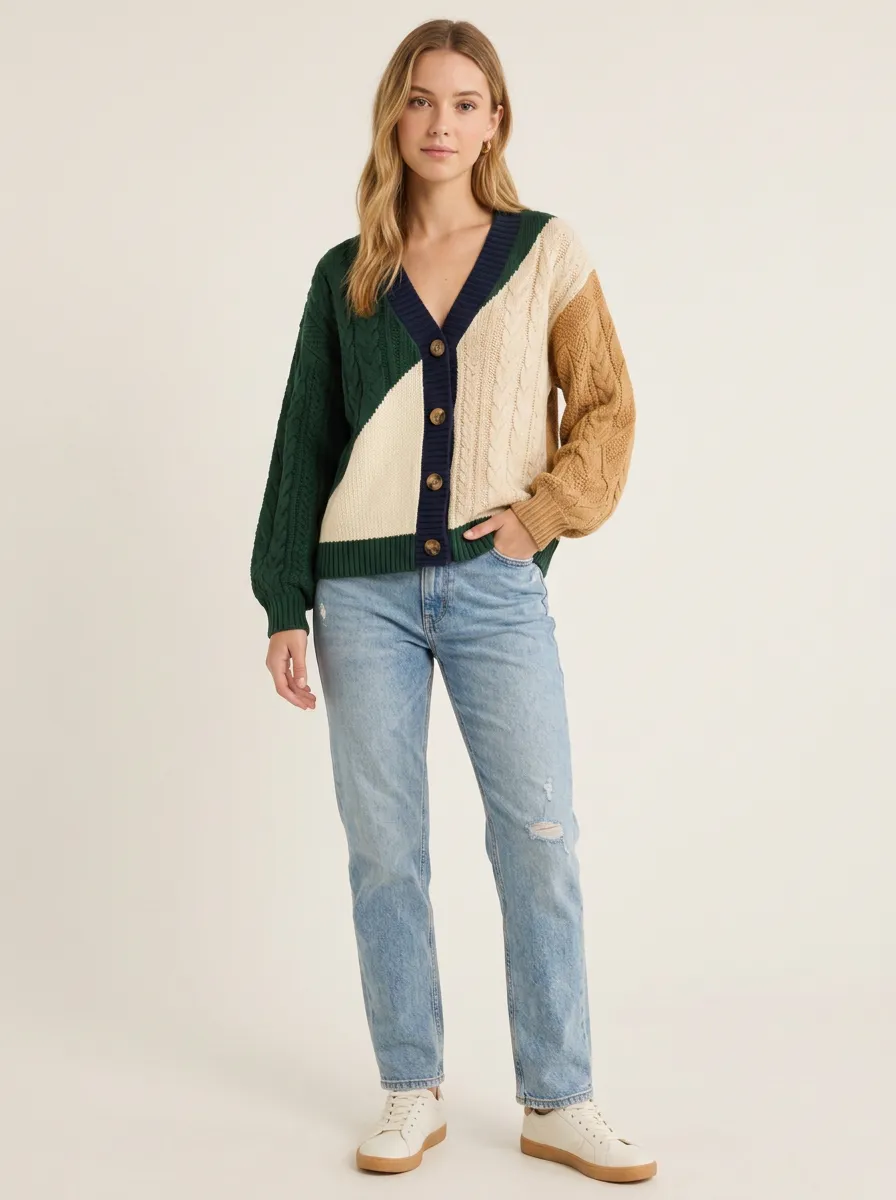 Women's Colorblock Cable Knit V-Neck Cardigan Button-Front