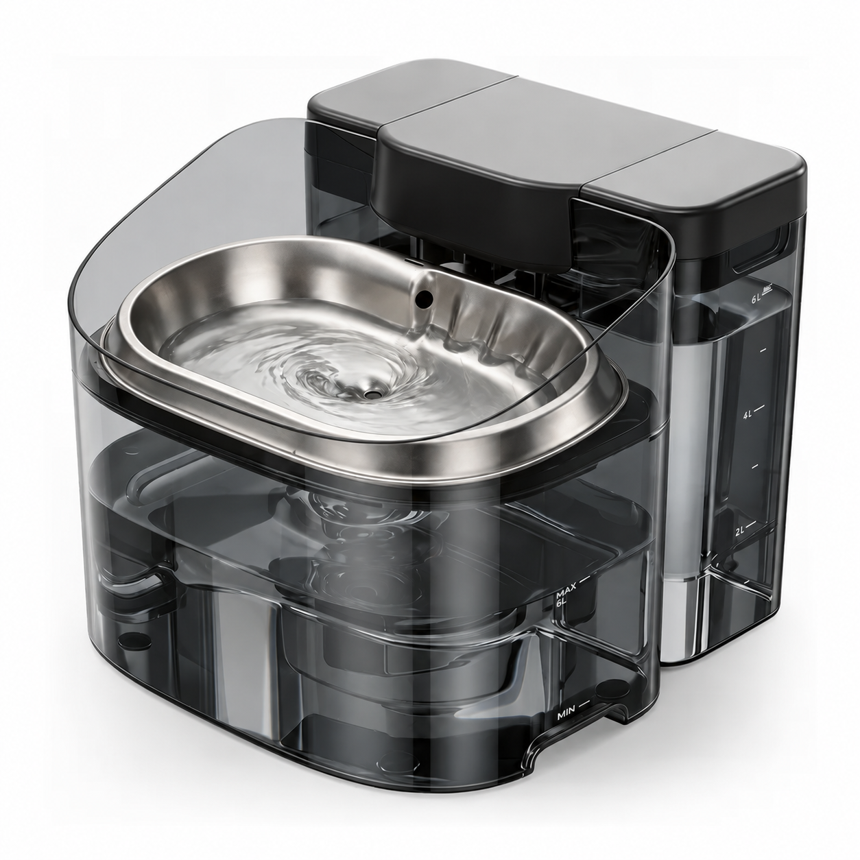 Black fountain with stainless steel tray option