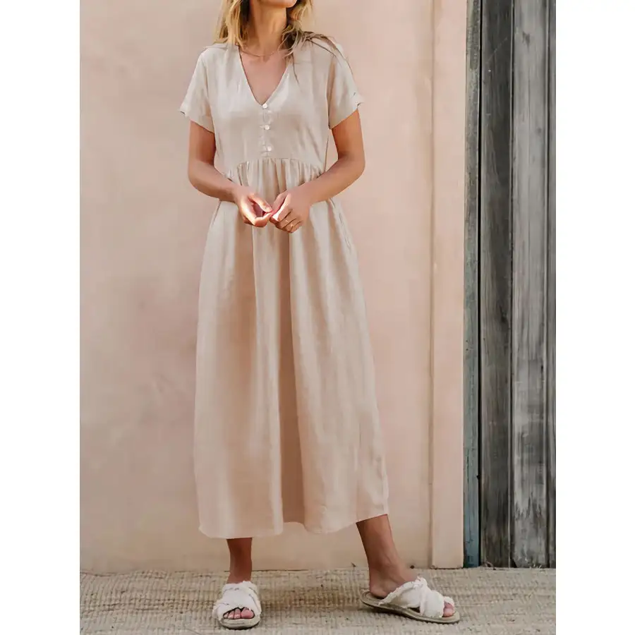 Sleeve V-Neck Short Sleeve Midi Dress
