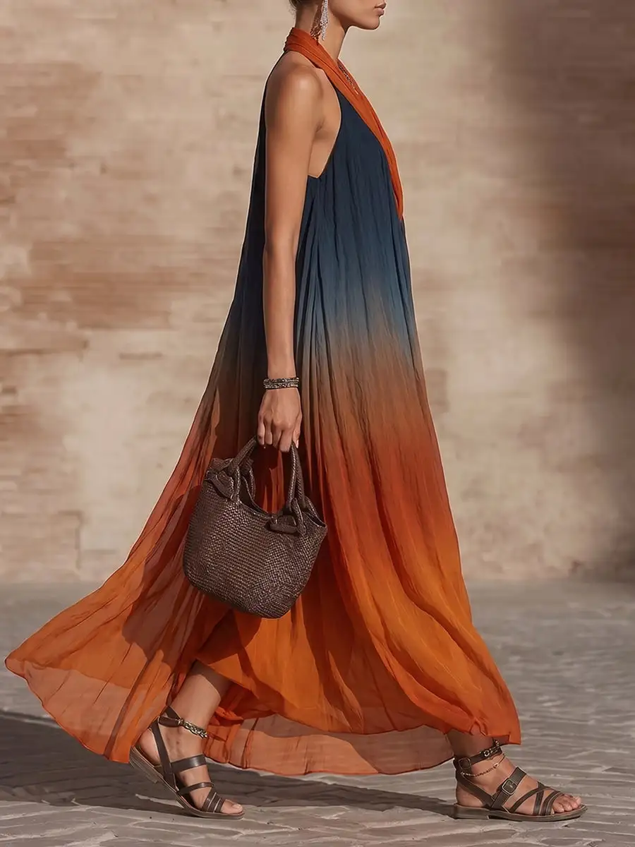 Loose Pleated Neck Maxi Dress