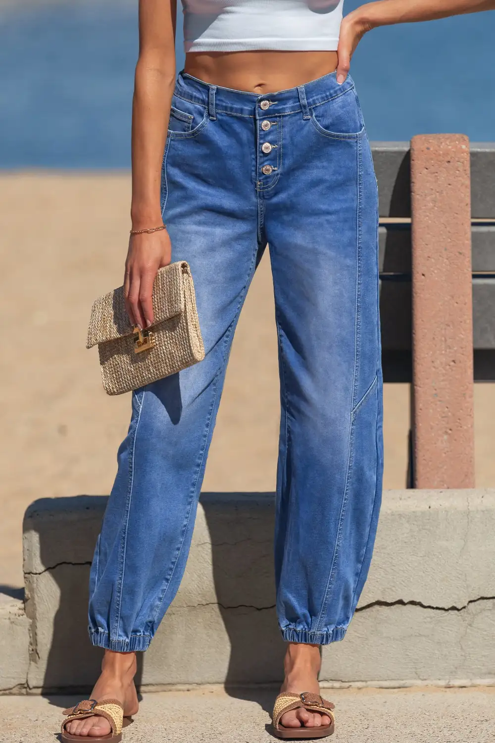 Women's Four Button Front Tapered Casual Loose Fit Jeans