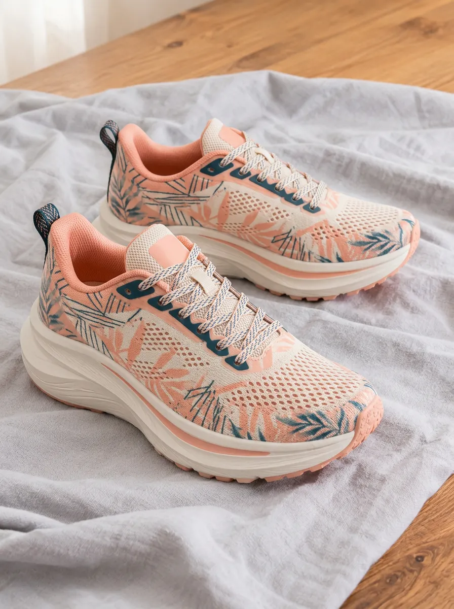 Women's Tropical Leaf Peach Pink Printed Sneakers