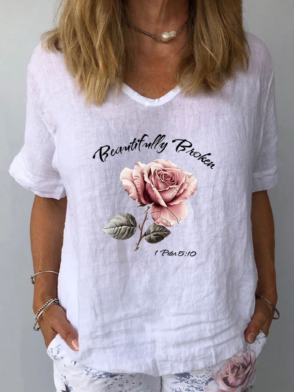 Rose Printed V-Neck Short-Sleeve T-Shirts