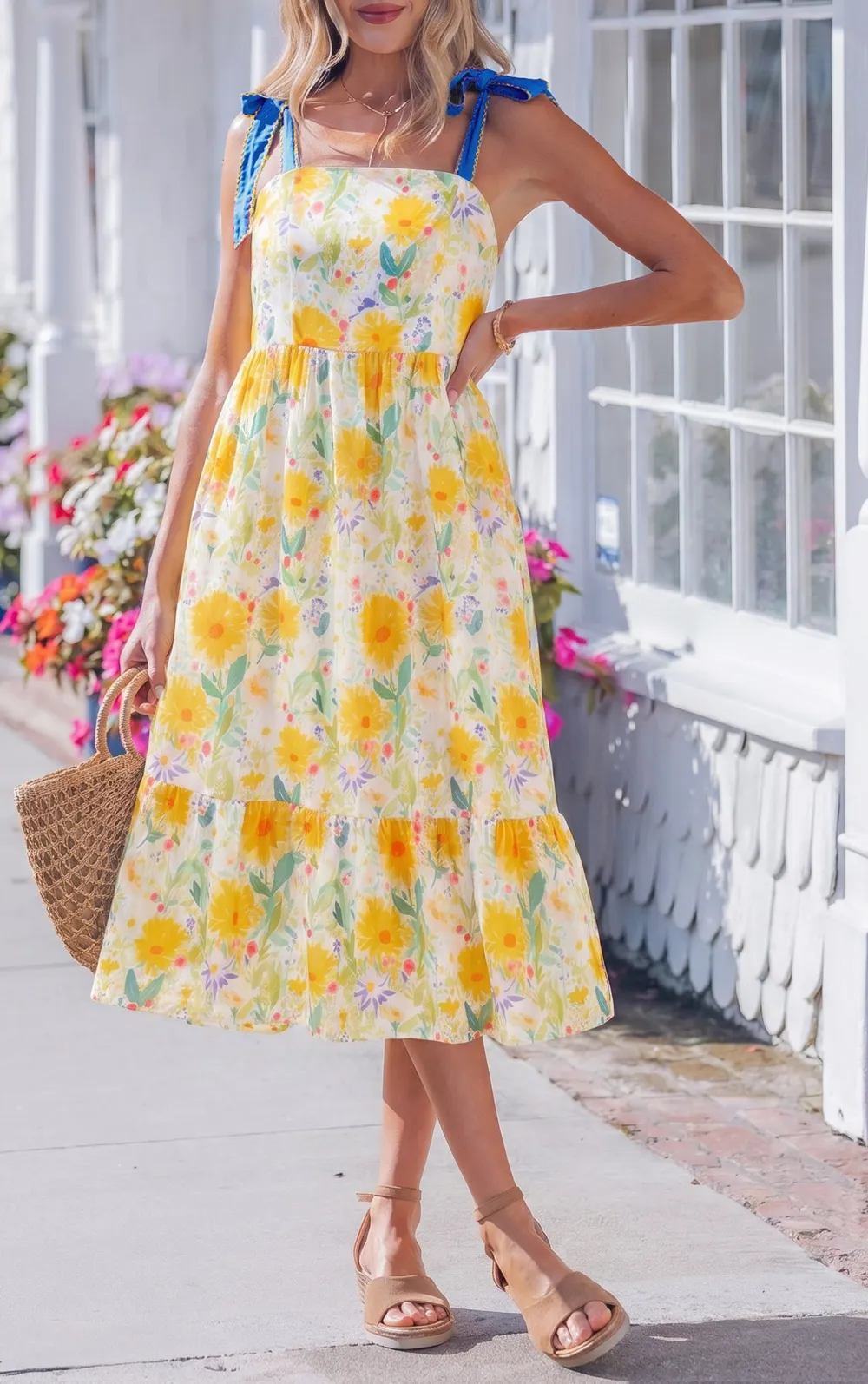 Women's Floral Print Denim High Waist Stitched Detail Dress