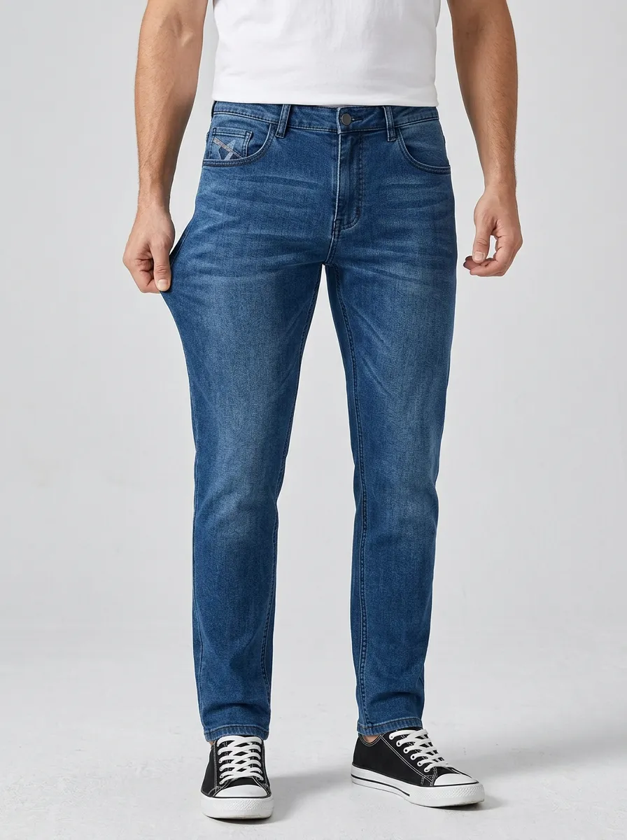 Men's Casual Daily Wear Blue Washed Stretch Jeans