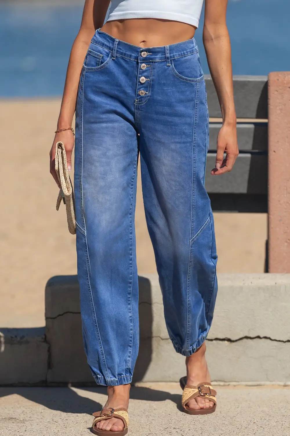 Women's Four Button Front Tapered Casual Loose Fit Jeans