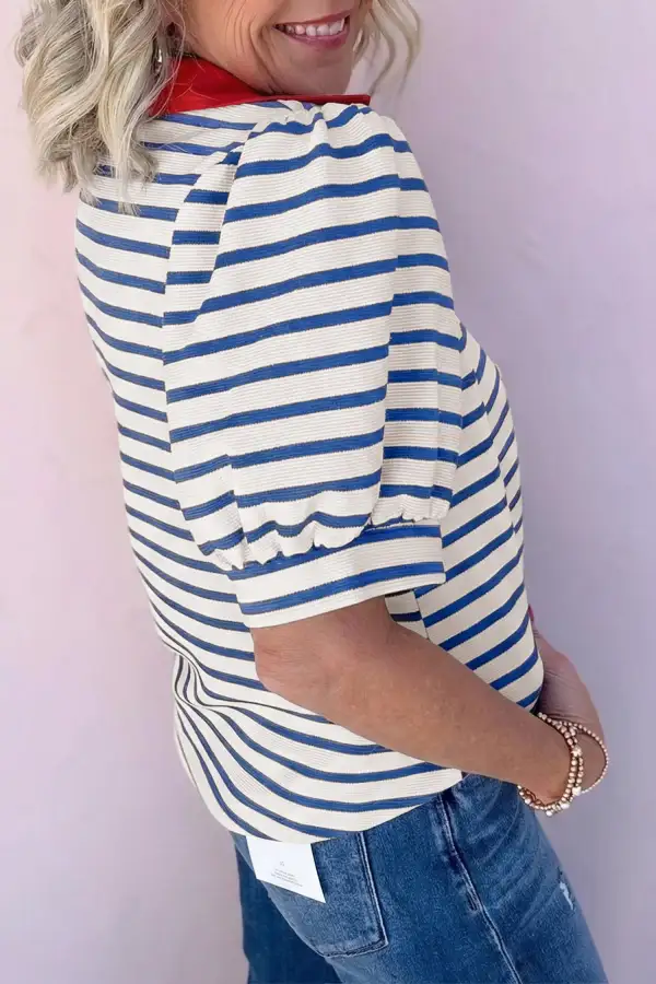 Blue Stripe Short Puff Sleeve Color Block Polo Collar Blouse