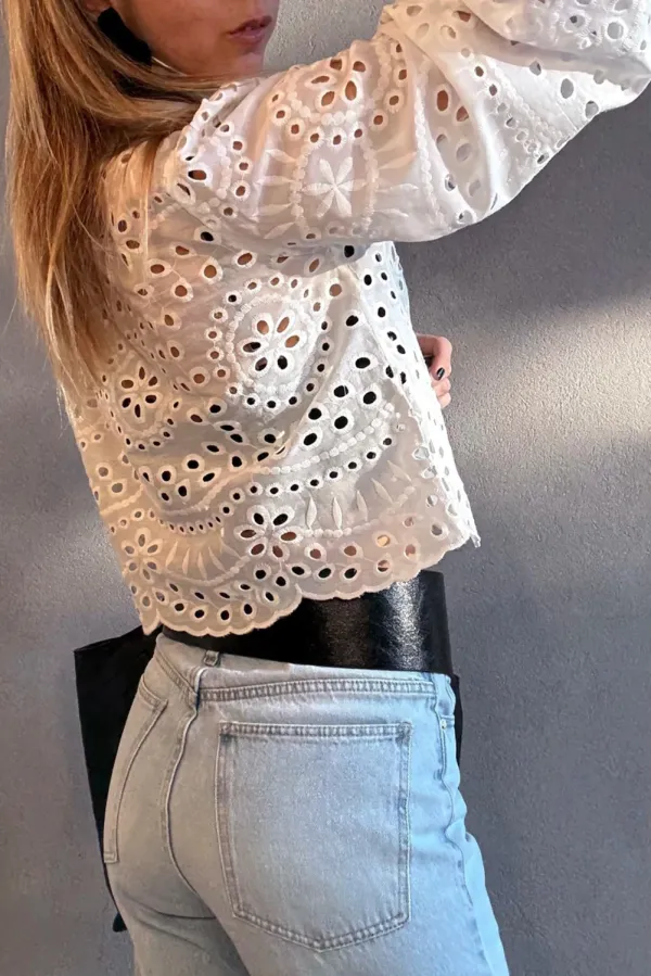 White Eyelet Embroidered Puff Sleeve Shirt