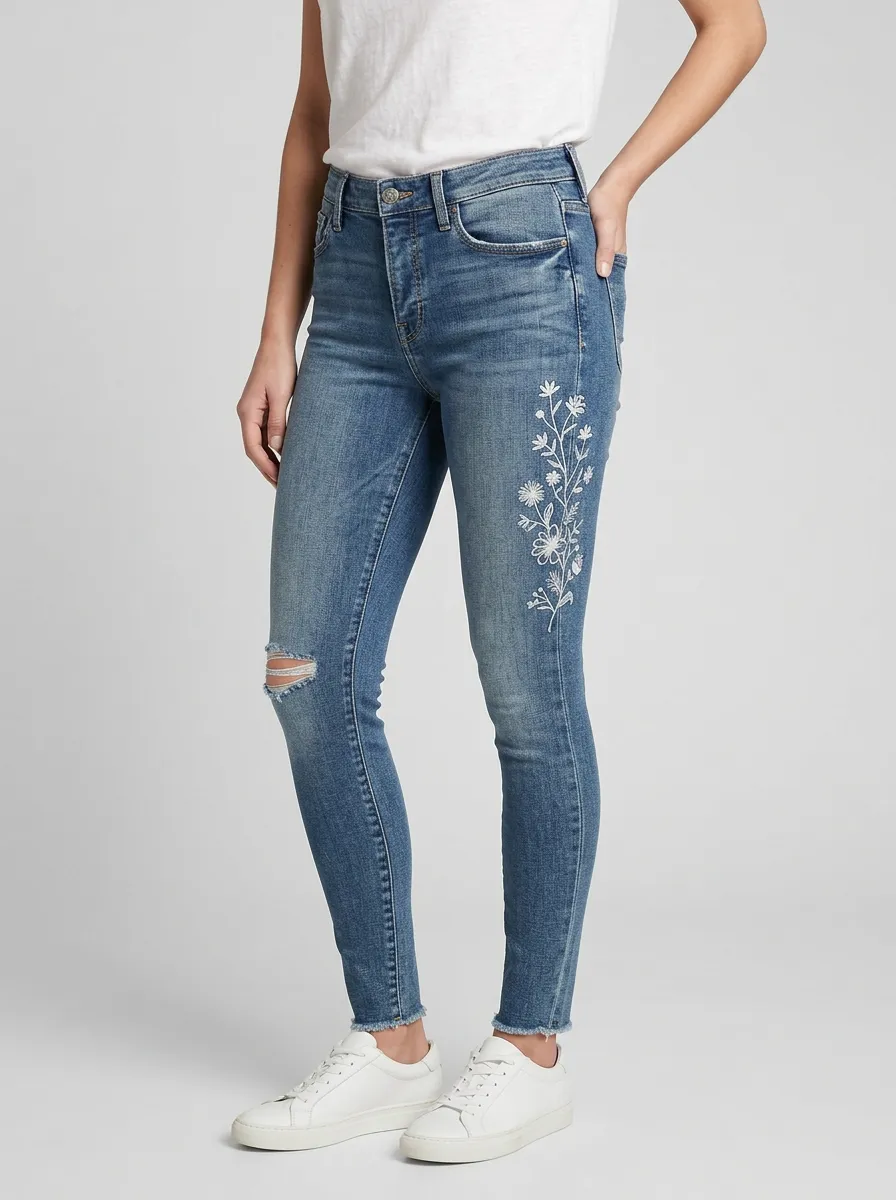 Women's Harbor Floral White Flower Embroidered Graphic Slim Jeans