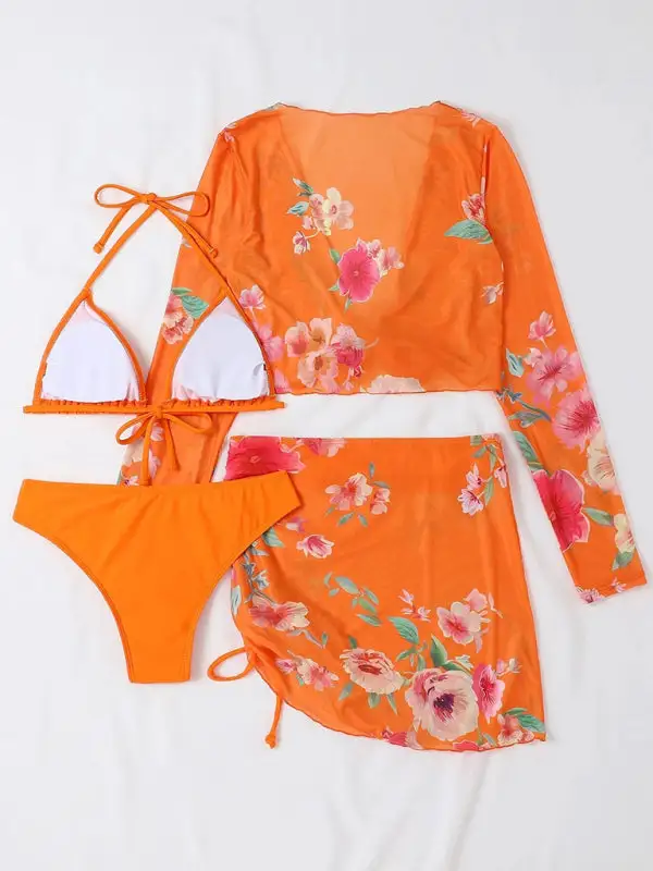 Drawstring Long Sleeve Bikini Swim Set
