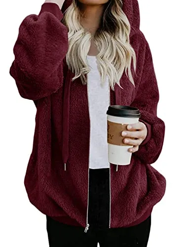 Womens Full Zip Up Sherpa Hoodie Fuzzy Fleece Jacket Oversized Fluffy Coat with Pockets