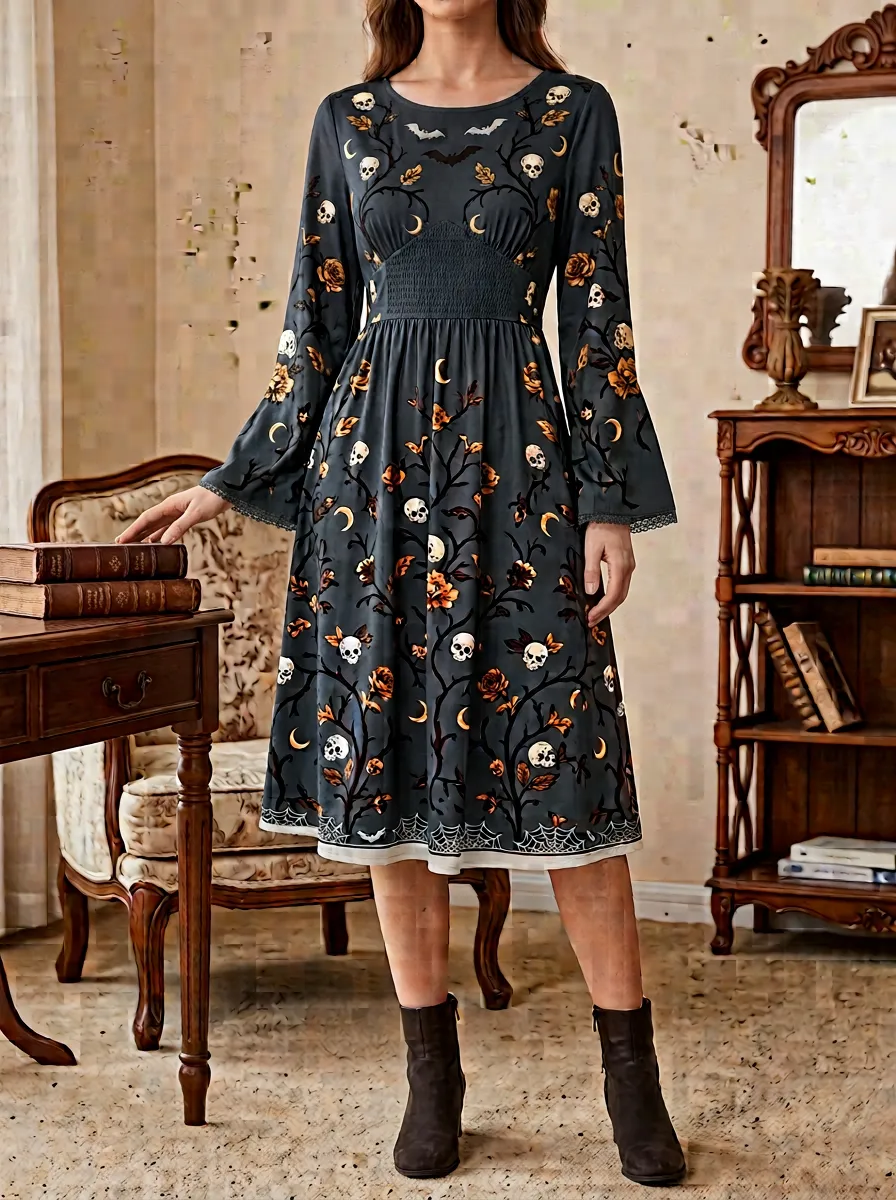 Women's Halloween Gothic Skull Moon Rose Printed Dress