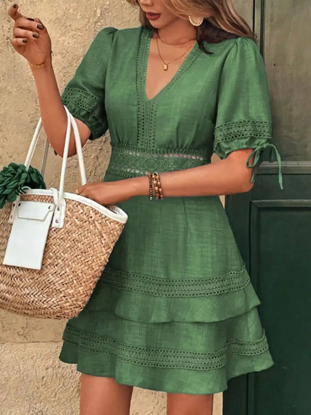 Modern Everyday Lace Detail V-Neck Mini Dress