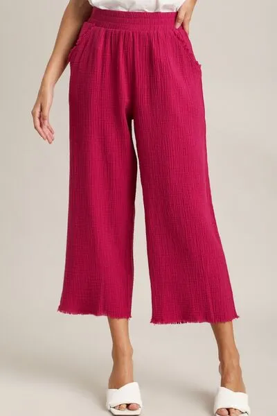 Raw Hem Elastic Waist Wide Leg Pants