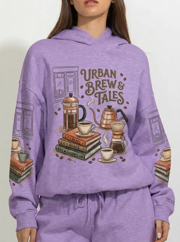 Women's Coffee Book Lover Urban Brew Tales Printed Hoodie