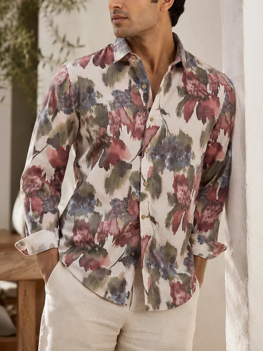 Slim Fit Printed Linen Men's Formal Shirt