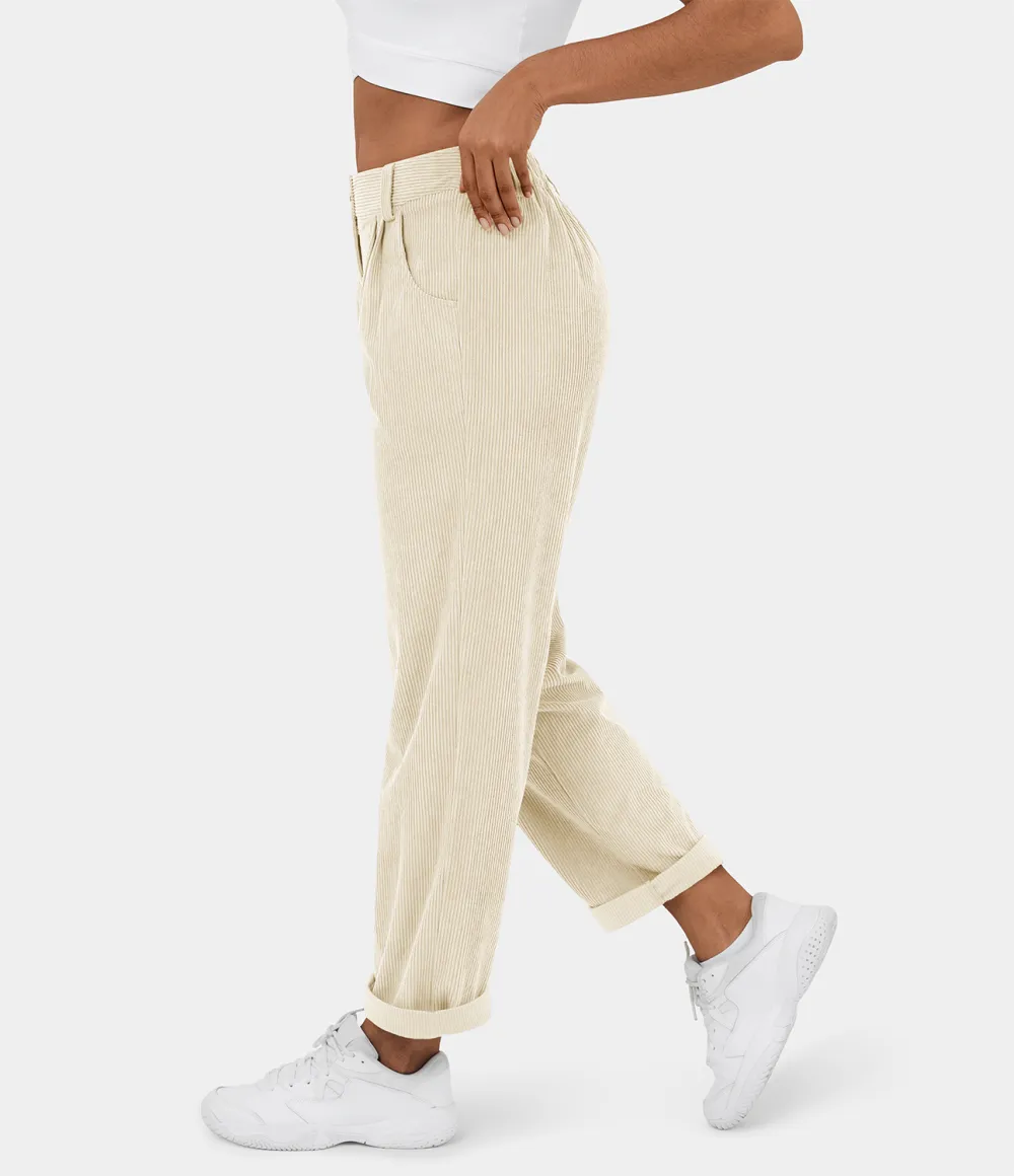 Mid Rise Button Zipper Side Pocket Corduroy Casual Pants