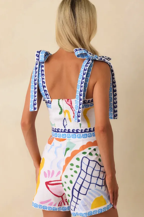 Colorful Mediterranean Print Tie Strap Romper