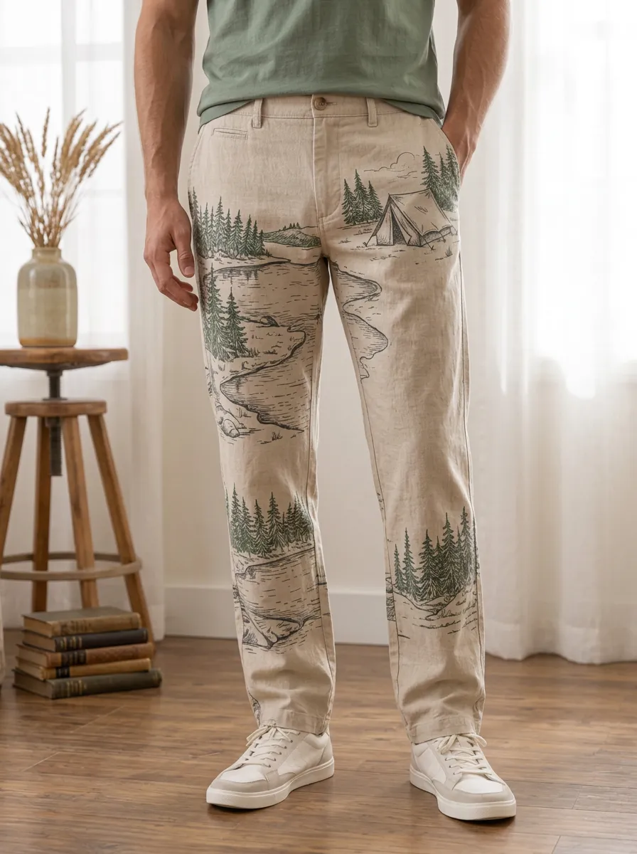 Men's Camping Lover Forest Lake Sketch Printed Pants