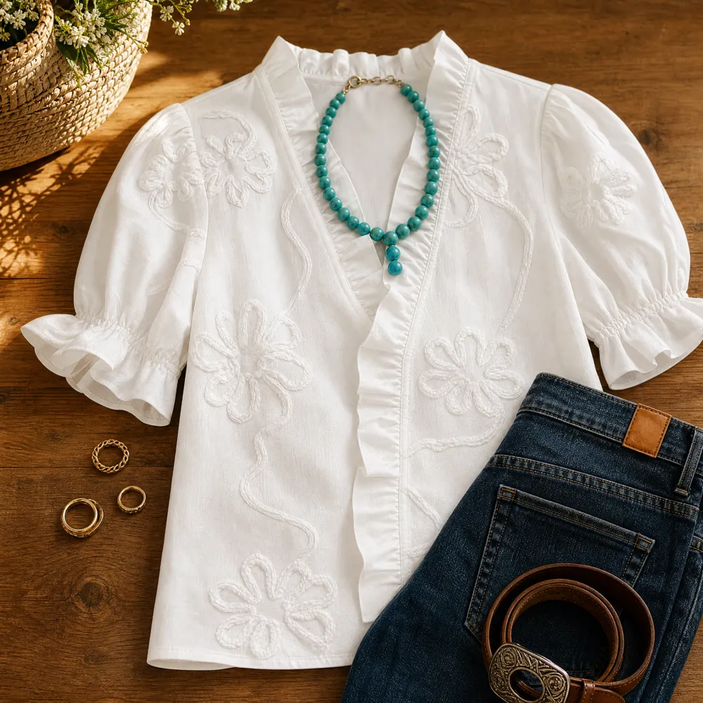 Ruffled V Neck Puff Sleeve Blouse