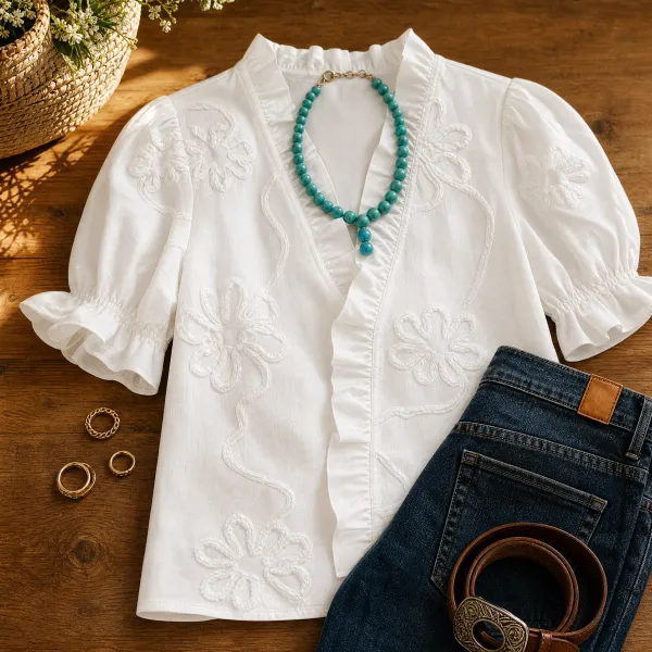 Ruffled V Neck Puff Sleeve Blouse