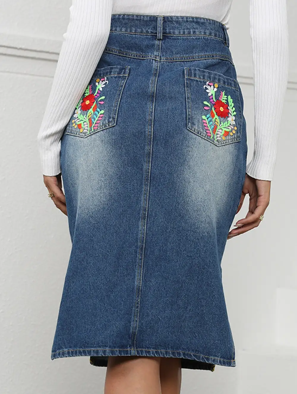 Embroidered Denim Midi Skirt