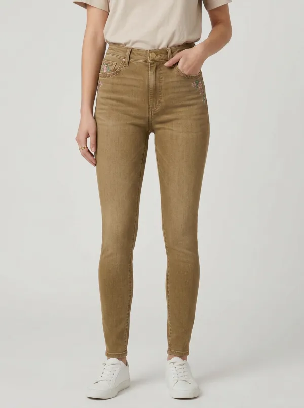 Women's Ridge Floral Embroidery Pocket Printed Slim Jeans