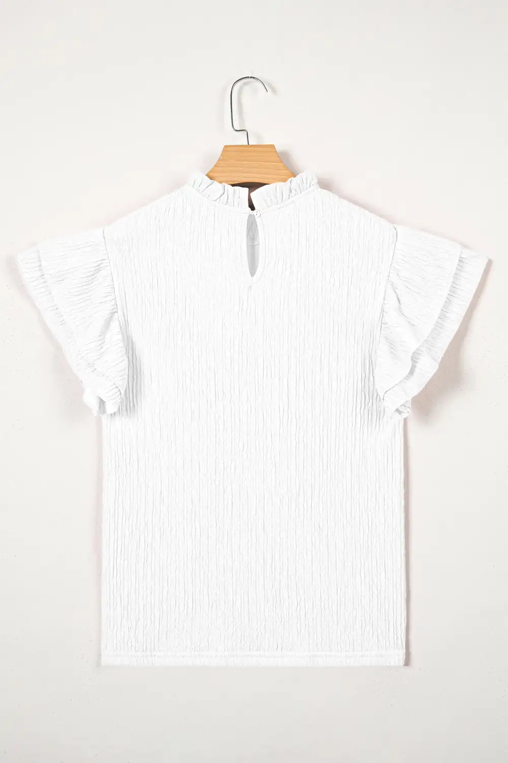 White Solid Color Textured Ruffle Trim Short Sleeve Blouse