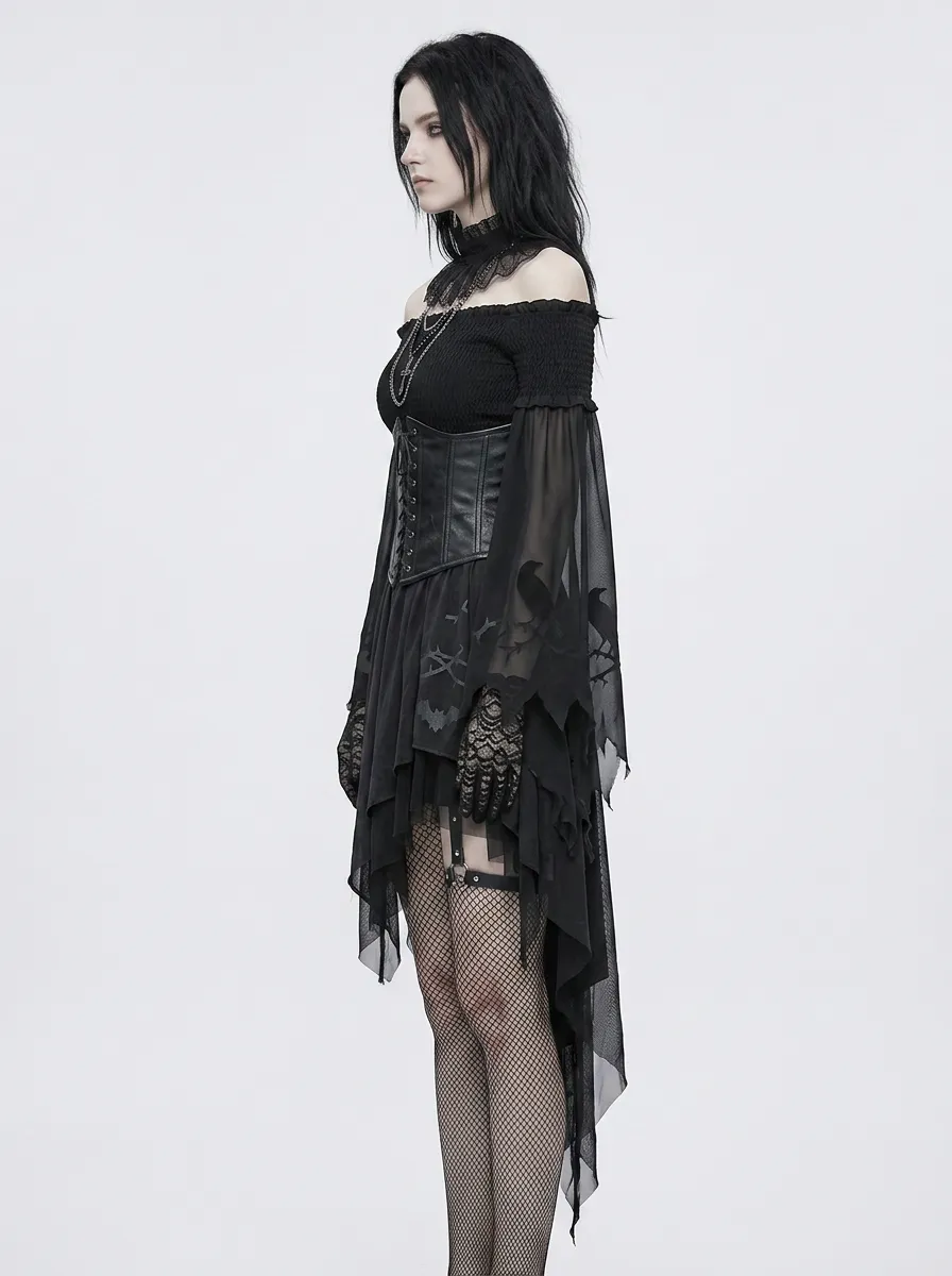 Women's Gothic Raven Bat Print Off-Shoulder Printed Top