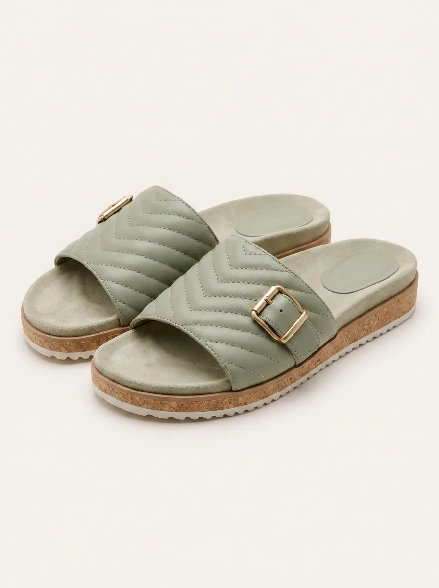 Everyday S Quilted Chevron Buckle Cork Sole Slides