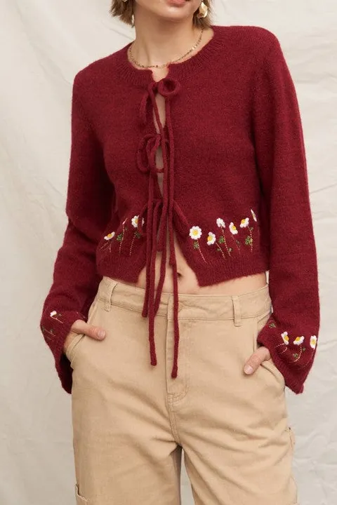 Red Tie-Front Floral Knit Cardigan
