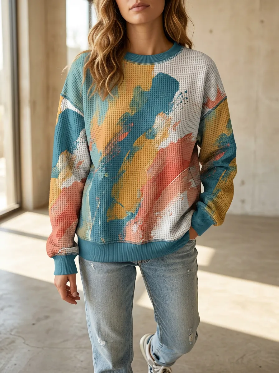 Women's Abstract Brushstroke Pattern Graphic Waffle Knit Crewneck Sweatshirt