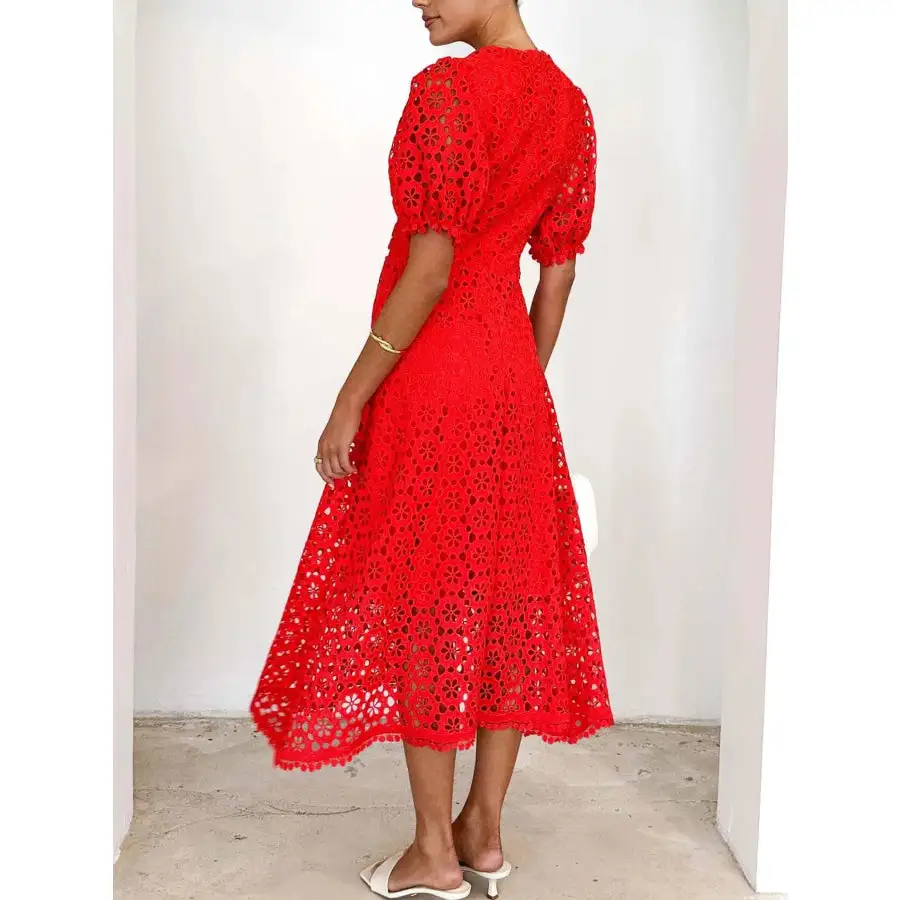 Eyelet Lace V-Neck Midi Dress with Puff Sleeves