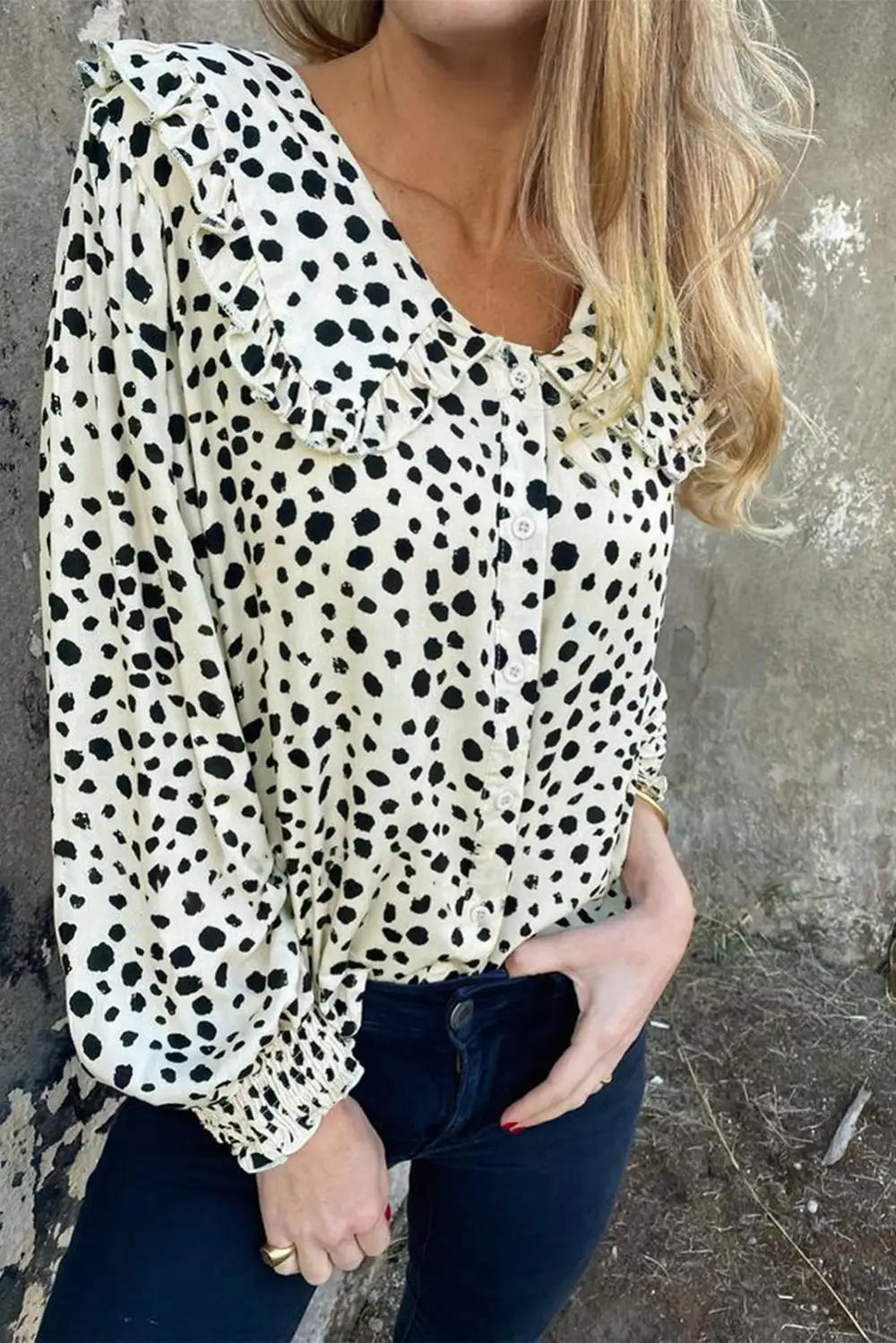 Polka Dot Ruffle Puff Sleeve Blouse