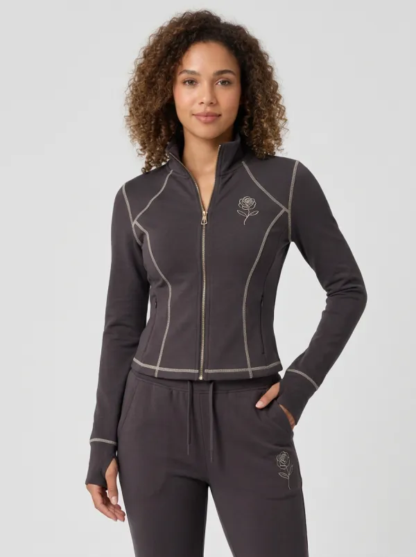 Women's Mauve Rose Embroidery Contrast Stitch Zip-Up Tracksuit Set