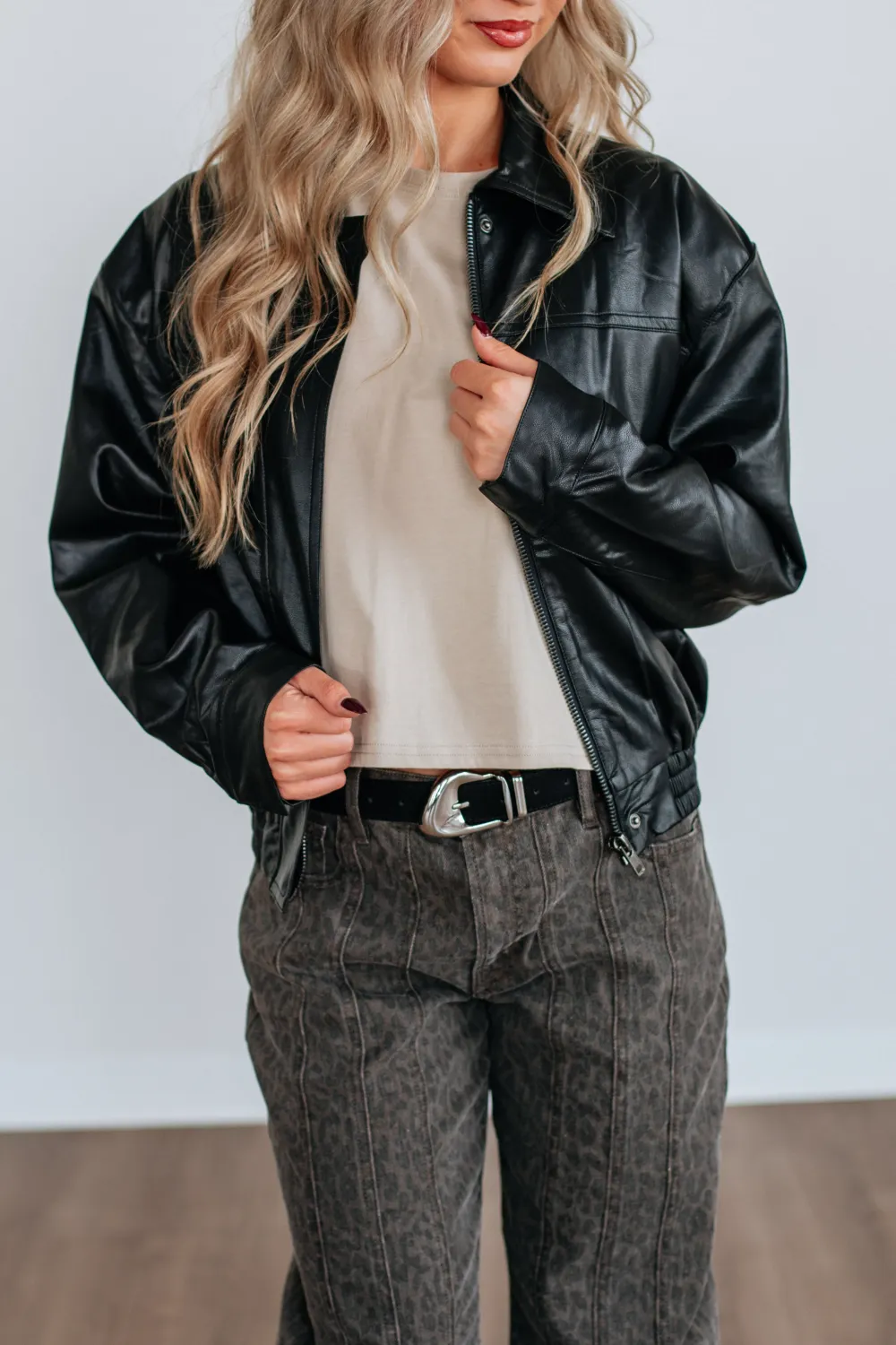 Collared Zip-Button Leather Jacket