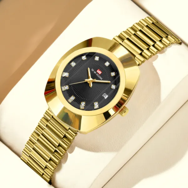 Couple Quartz Watch, Gold Tone Diamond Inlaid Waterproof Stainless Steel Wrist Watch