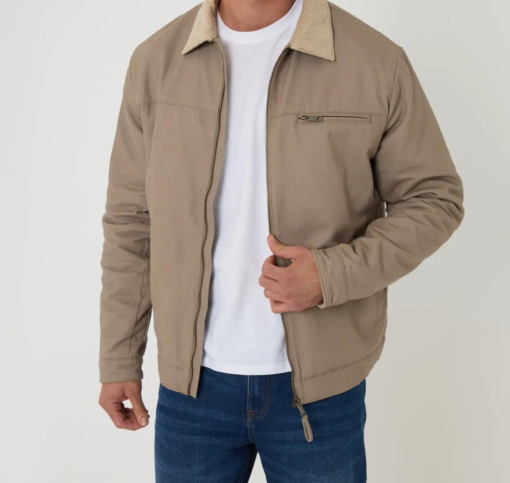Men's Mushroom Brown Cotton Canvas Jacket with Corduroy Collar