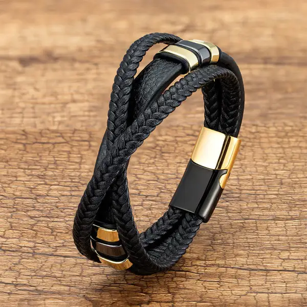 Multi Layered Cross Woven Design Leather Titanium Bracelet